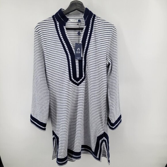 Cabana Life Essential Terry Navy and White Striped Tunic Cover Up Size Medium - Picture 2 of 10